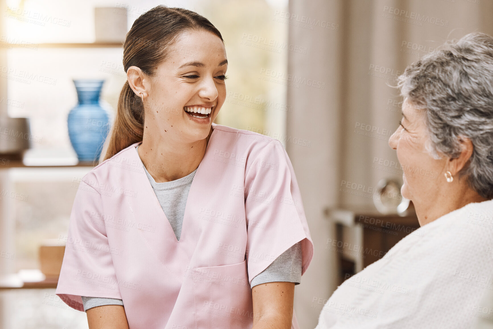 Buy stock photo Nurse, woman and nursing home support, help and kindness for medical homecare service. Happy healthcare caregiver, trust and empathy for senior, elderly and retirement patient in rehabilitation house