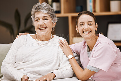 Buy stock photo Caregiver, senior woman and support portrait for healthcare wellness, medical professional and patient happiness in retirement home. Elderly person, nurse and happy smile together in nursing home