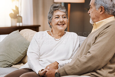 Buy stock photo Elderly, couple and marriage with commitment and retirement, spending quality time with love and care at family home. Relationship, holding hands with support and trust with old couple together.