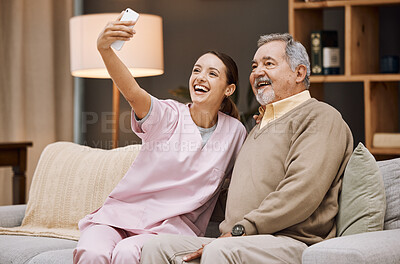 Buy stock photo Nurse, selfie and old man in nursing home with smartphone and smile for picture, caregiver and retirement. Health, photography with phone and care, young woman and nursing with elderly man wellness.