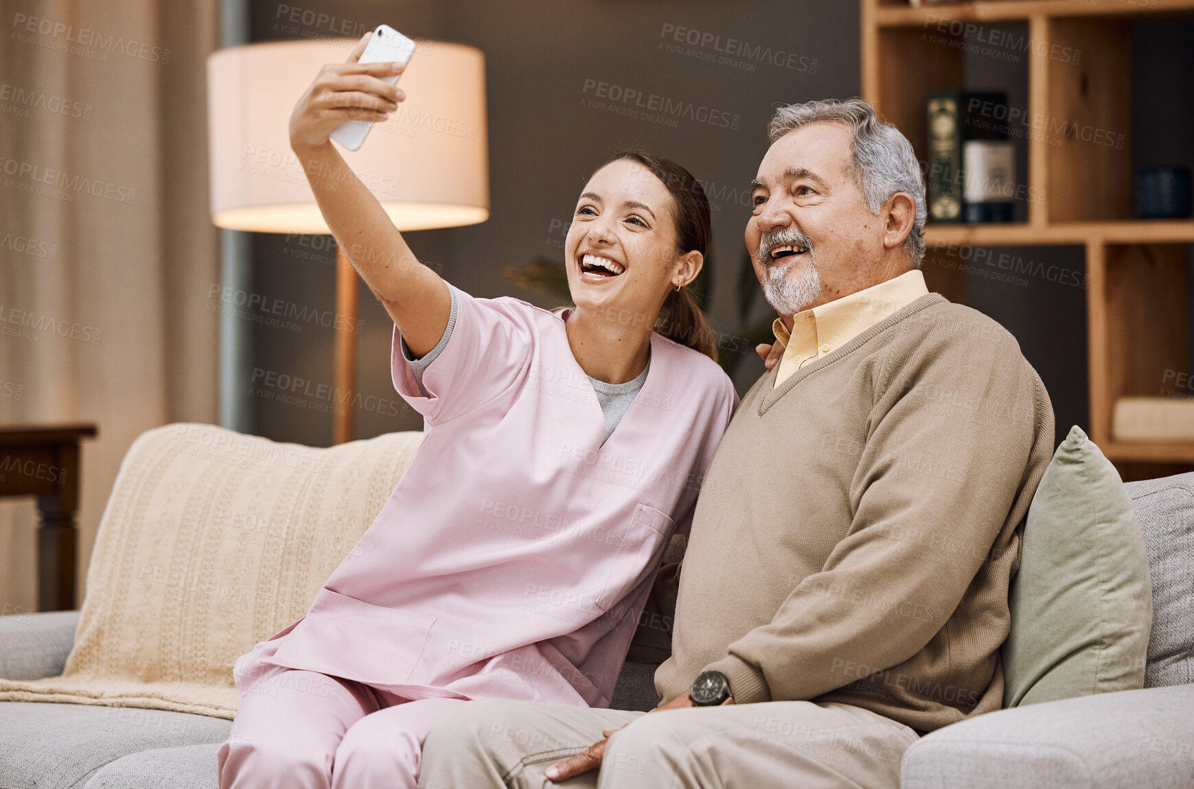 Buy stock photo Nurse, selfie and old man in nursing home with smartphone and smile for picture, caregiver and retirement. Health, photography with phone and care, young woman and nursing with elderly man wellness.