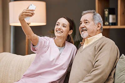 Buy stock photo Nurse, selfie and old man in nursing home with smartphone and smile for picture, caregiver and retirement. Health, photography with phone and care, young woman and nursing with elderly man wellness.
