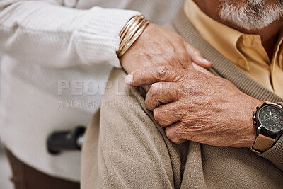 Buy stock photo Love, disability and hands of retirement couple with care, gratitude and support in marriage. Unity, respect and senior people holding hands for bonding, appreciation and togetherness zoom.

