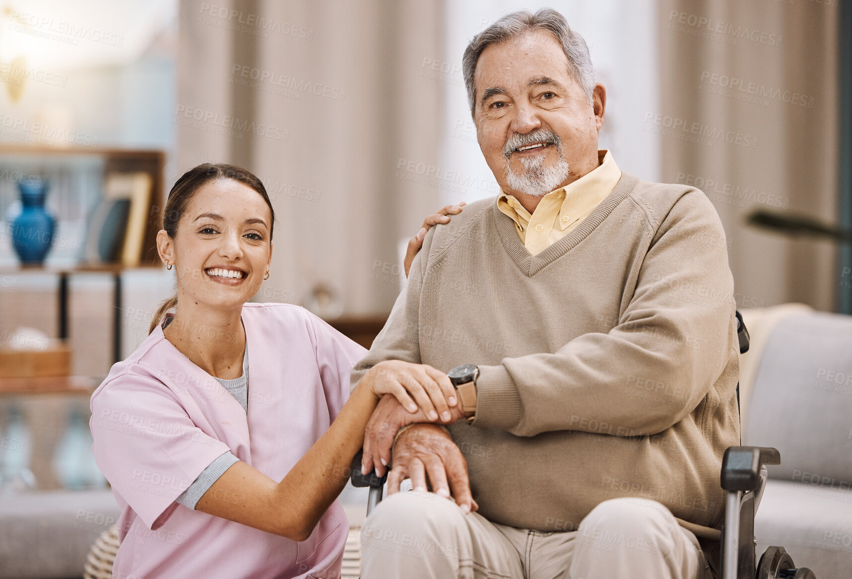 Buy stock photo Healthcare, disability and man in wheelchair with nurse in retirement or nursing home with smile on face. Senior care, happy disabled grandpa and woman caregiver with in living room at home in Mexico