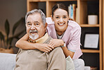 Healthcare, support and doctor with a senior man for medical attention, consulting and nursing from a house. Trust, hug and portrait of a caregiver with support for an elderly patient in retirement