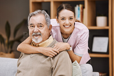 Buy stock photo Healthcare, support and nurse with a senior man for medical attention, consulting and nursing from a house. Trust, hug and portrait of a caregiver with support for an elderly patient in retirement