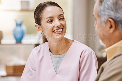 Buy stock photo Healthcare nurse, senior man and retirement consultation in nursing home for medical wellness, hospital support and consulting support on sofa. Doctor, patient and caregiver happiness conversation
