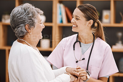 Buy stock photo Healthcare, insurance and a senior woman patient and nurse consulting during a checkup in a retirement home. Medical, support and wellness with a medicine professional talking to a mature female