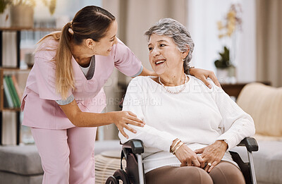 Buy stock photo Healthcare, support and caregiver with senior woman for medical help, elderly care and consulting patient.  Wheelchair disability, rehabilitation and nurse volunteer at nursing home for charity work