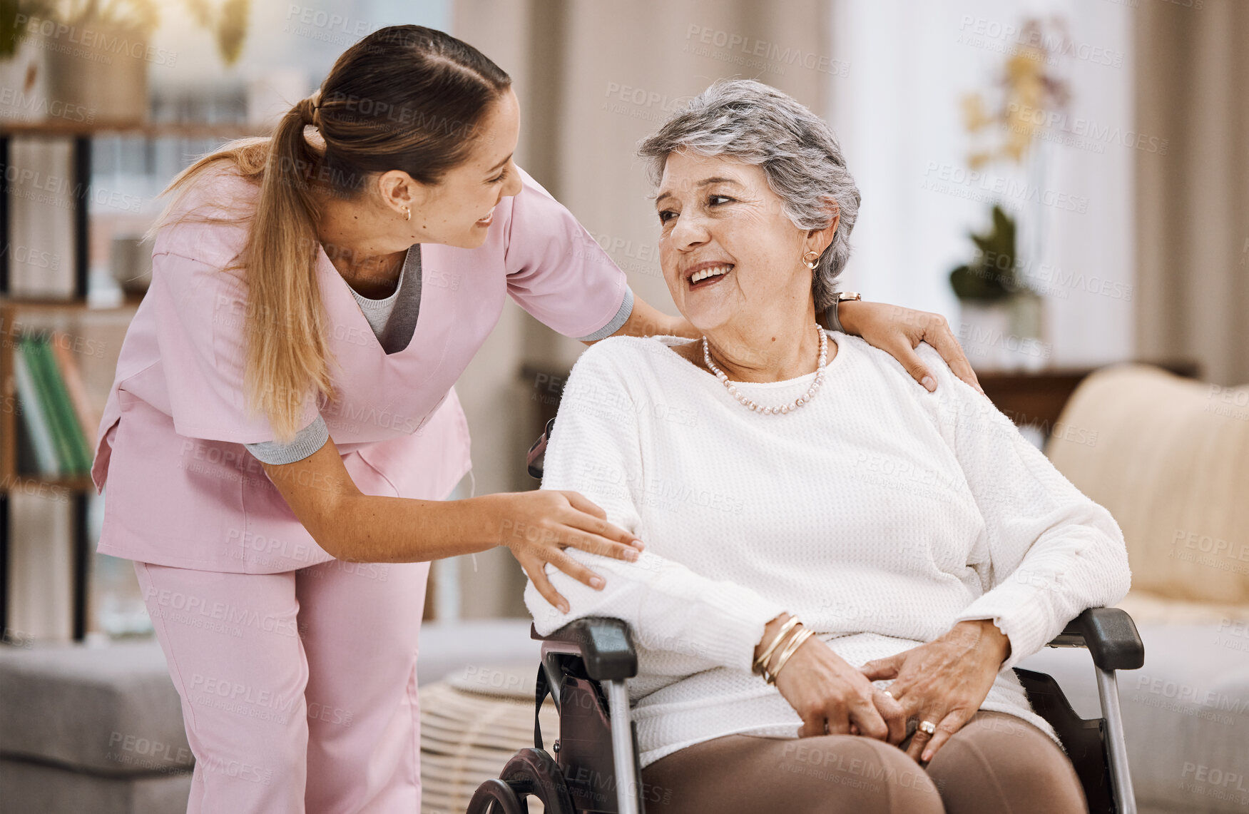 Buy stock photo Healthcare, support and caregiver with senior woman for medical help, elderly care and consulting patient.  Wheelchair disability, rehabilitation and nurse volunteer at nursing home for charity work