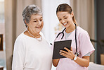 Tablet, healthcare and nurse with senior woman for digital help, support or wellness check, data and results together with smile. Happy elderly patient in communication with medical worker or doctor