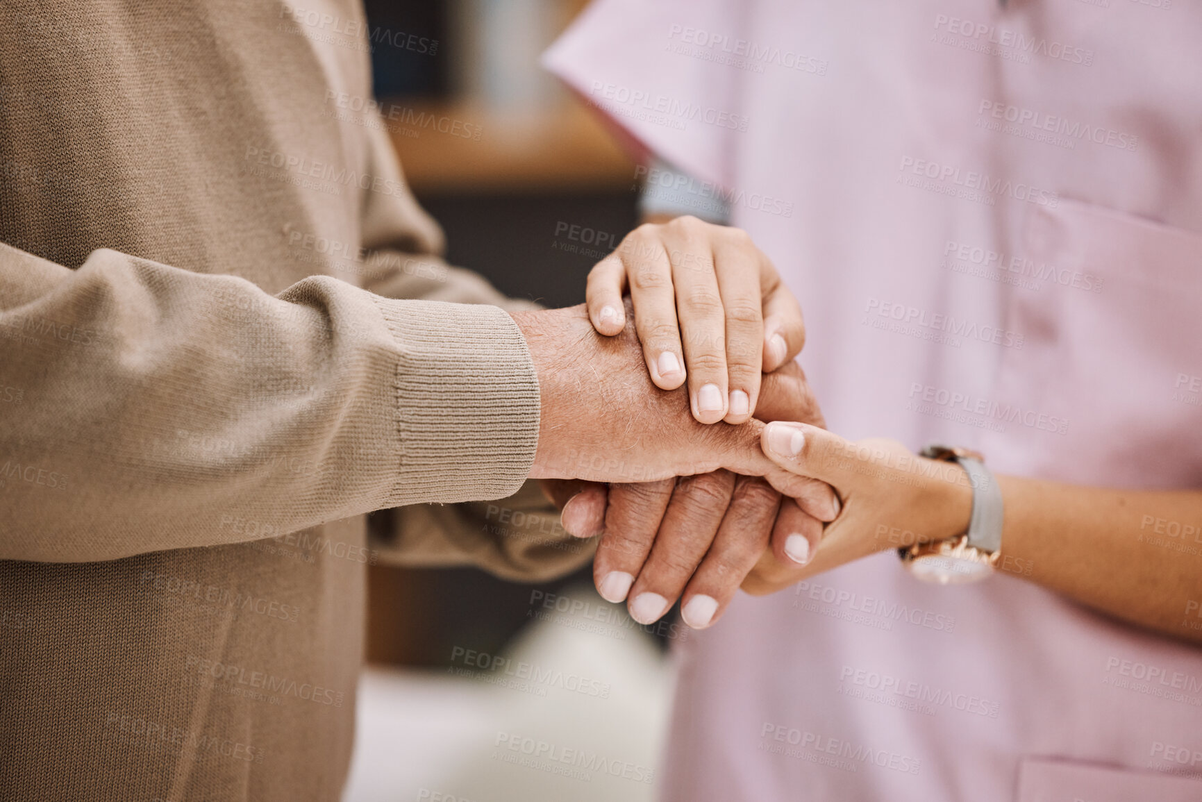 Buy stock photo Healthcare nurse, senior patient and holding hands for medical support, assistance or wellness in retirement home. Doctor, caregiver hand solidarity and elderly care, trust, gratitude or senior care 