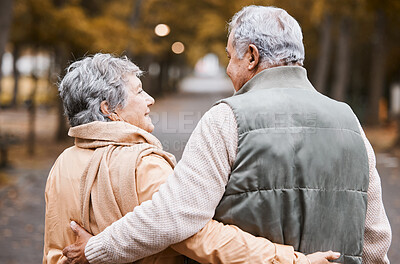 Buy stock photo Senior couple, love and health while walking outdoor for exercise, happiness and care at a park in nature for wellness. Old man and woman together in a healthy marriage during retirement with freedom