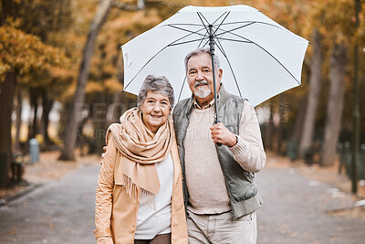 Buy stock photo Winter, hug and senior couple in a park, retirement date and walking in Canada with an umbrella. Nature affection, smile and portrait of an elderly man and woman on a walk for happiness and love