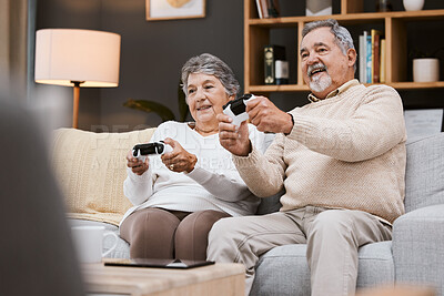 Buy stock photo Video game, sofa and senior couple with gaming online in home for happy holiday, retirement and lifestyle together with technology. Excited, elderly and gamer people on a couch with living room games