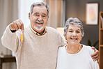 Real estate keys, senior couple and portrait of new home owner happy with apartment, house or property investment. Retirement love, mortgage and elderly marriage people smile for estate purchase sale
