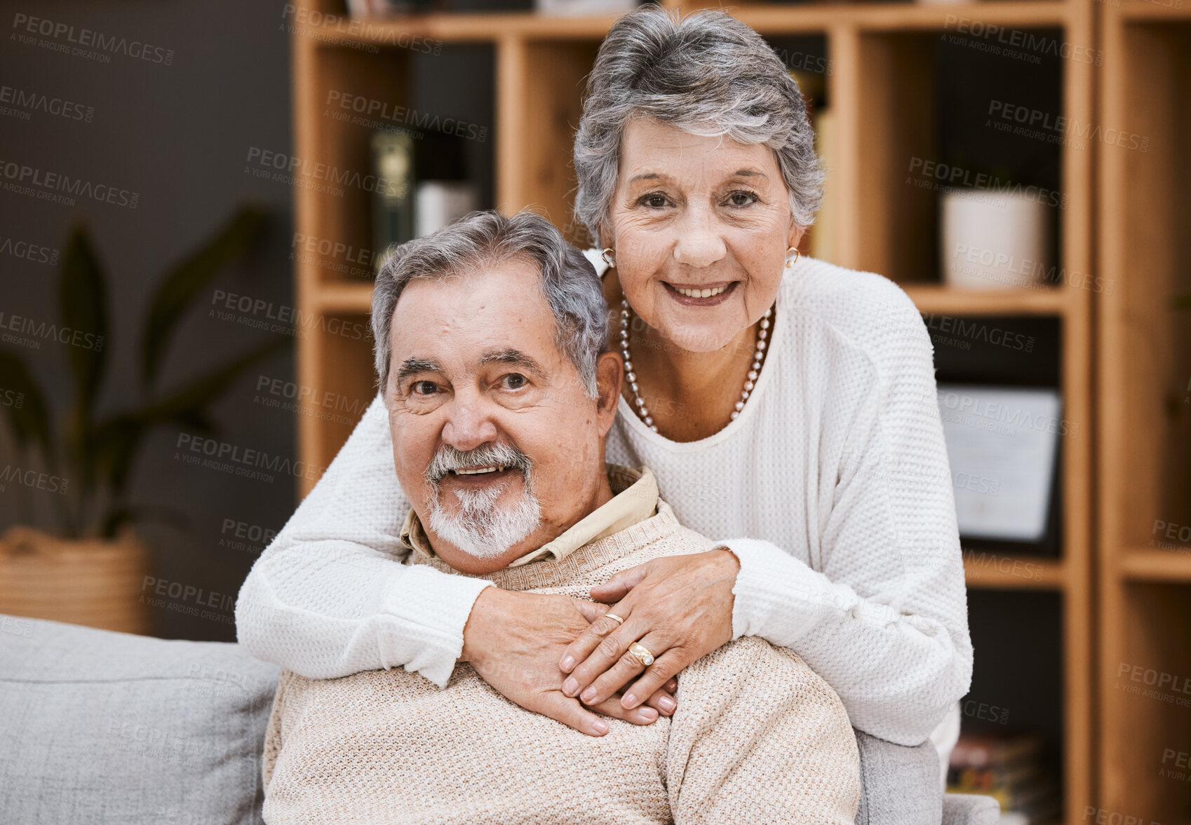 Buy stock photo Love, portrait or old couple hug in house living room enjoying quality bonding time in happy marriage commitment. Trust, support or elderly woman in romantic partnership with an old man in retirement