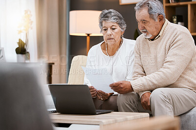 Buy stock photo Laptop, documents and retirement with a senior couple planning their savings or investment portfolio. Budget, finance and pension with a mature man and woman working on a computer together in a home
