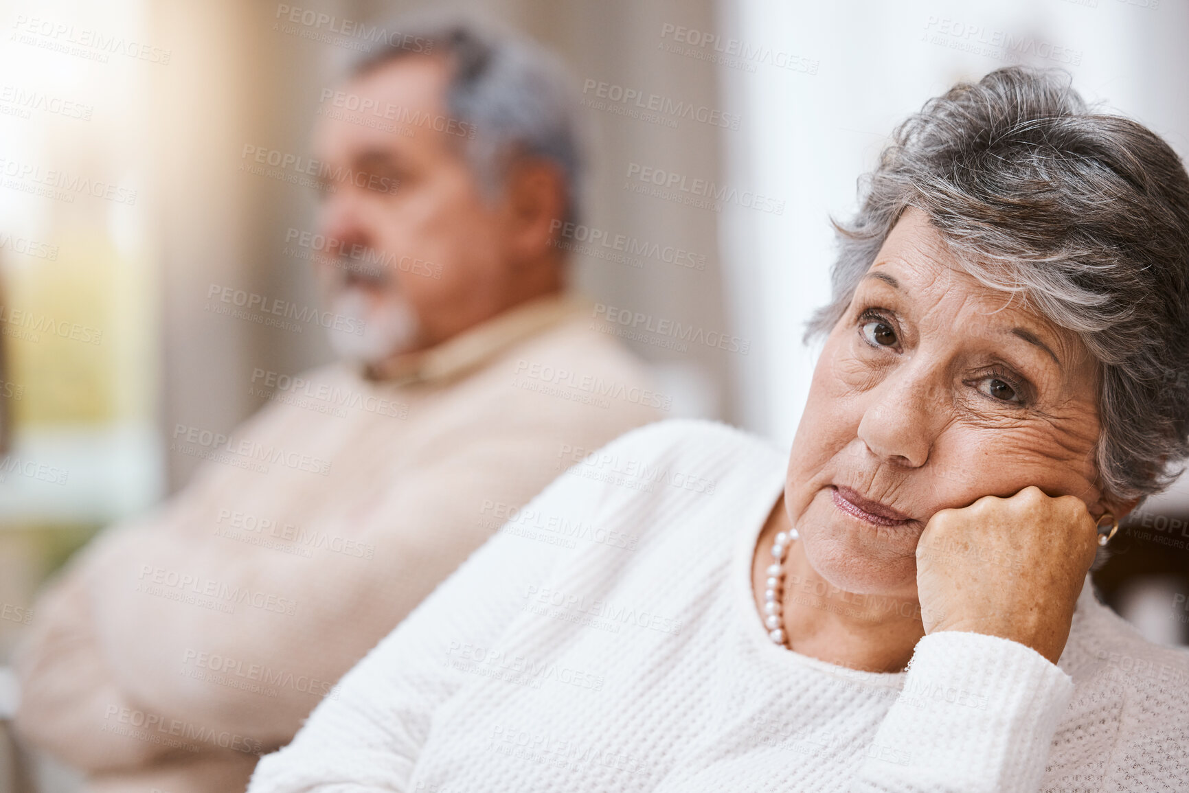 Buy stock photo Senior couple, stress and depressed together on home living room couch thinking about divorce, retirement and financial problem or crisis. Old man and woman with conflict in marriage after fight