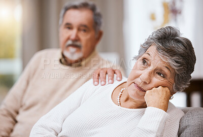 Buy stock photo Senior couple, stress and depressed together on home living room couch thinking about divorce, retirement and financial problem or crisis. Old man and woman with conflict in marriage after fight