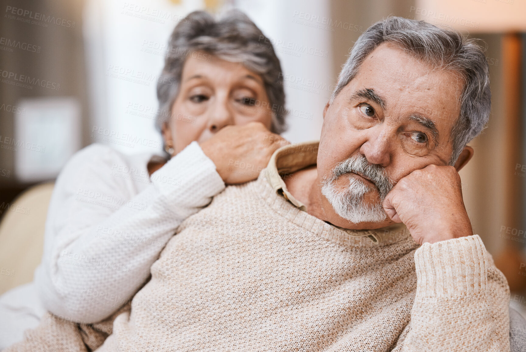 Buy stock photo Senior couple, stress and depressed together on home living room couch thinking about divorce, retirement and financial problem or crisis. Old man and woman with conflict in marriage after fight