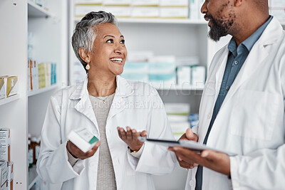 Buy stock photo Pharmacy, doctors or pharmacist with medicine for stock, inventory or supplements products check. Tablet, teamwork or happy senior healthcare people working or speaking of pills or medical drugs 
