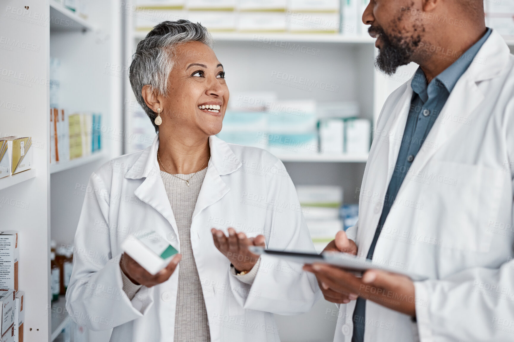 Buy stock photo Pharmacy, doctors or pharmacist with medicine for stock, inventory or supplements products check. Tablet, teamwork or happy senior healthcare people working or speaking of pills or medical drugs 