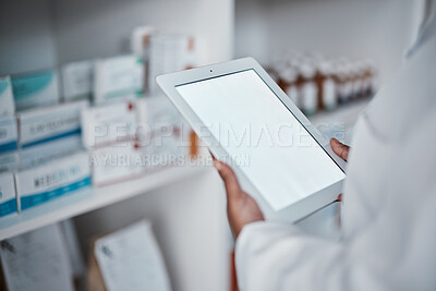 Buy stock photo Pharmacy, doctor and tablet screen mockup for medicine checklist for medical healthcare, wellness store inventory and pharmacist dispensary. Clinic, employee hands and checking stock on digital tech 