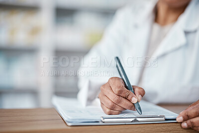 Buy stock photo Woman, hands or pharmacy clipboard writing for medical stock check, medicine product research or pills prescription order. Zoom, pharmacist or healthcare worker with paper documents in retail store