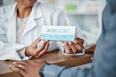 Buy stock photo Hands, consulting or pharmacist with medicine for customer with healthcare advice on medical pills or drugs. Zoom, questions or doctor talking or helping a sick elderly person in pharmacy clinic