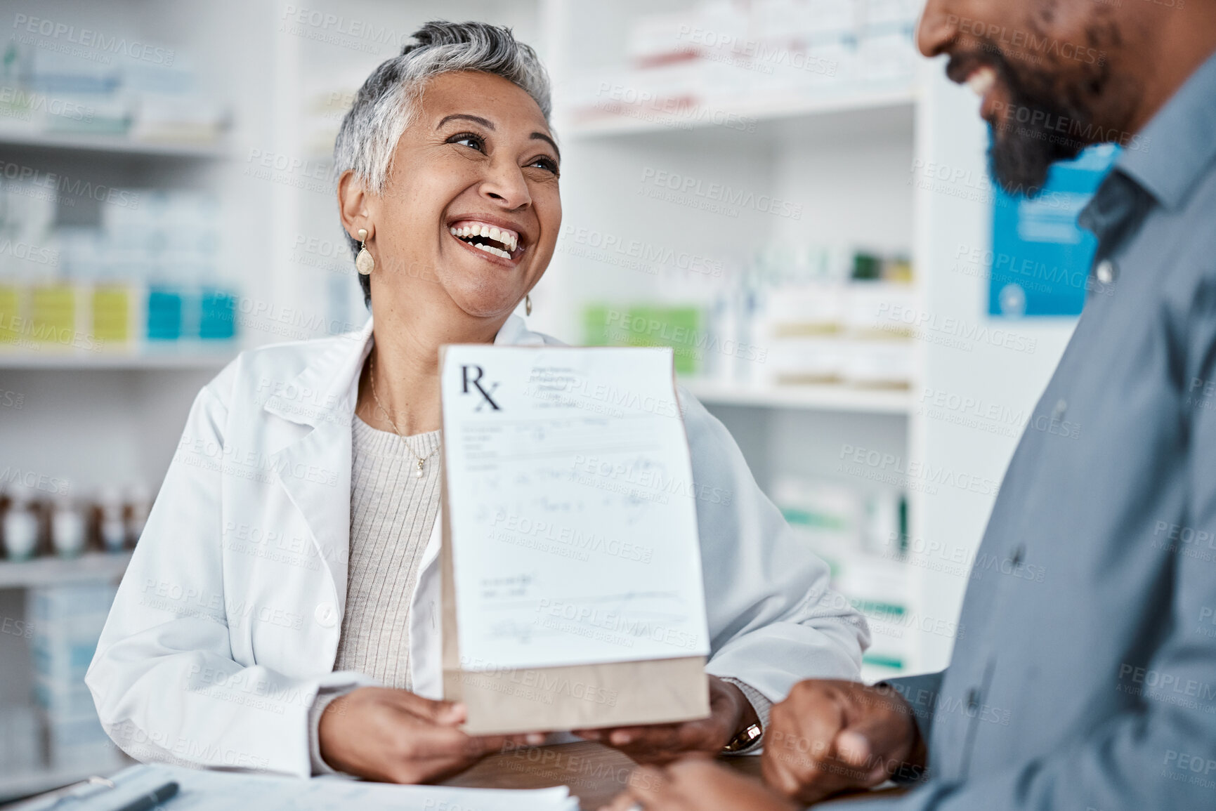 Buy stock photo Medicine, shopping or pharmacist helping a black man with healthcare advice on medical pills or drugs. Consulting, customer or happy senior doctor talking or helping a sick elderly person in pharmacy