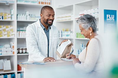 Buy stock photo Healthcare, pharmacist and woman at counter with medicine or prescription drugs sales at drug store. Health, wellness and medical insurance, black man and customer at pharmacy for advice and pills.