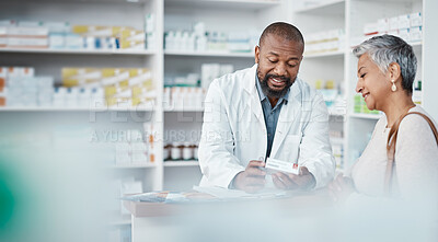 Buy stock photo Pharmacy, medicine and senior woman consulting pharmacist on prescription. Healthcare, shopping and elderly female in consultation with medical worker for medication box, pills or product in store.