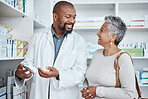 Medicine, shopping or pharmacist helping an old woman with healthcare advice on medical pills or drugs. Smile, customer or happy senior doctor talking or speaking to a sick elderly person in pharmacy