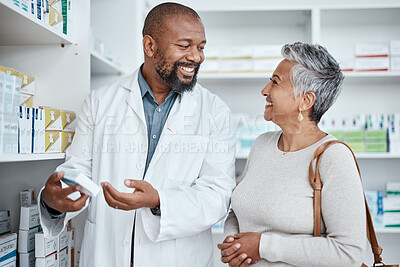 Buy stock photo Medicine, shopping or pharmacist helping an old woman with healthcare advice on medical pills or drugs. Smile, customer or happy senior doctor talking or speaking to a sick elderly person in pharmacy