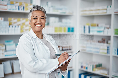 Buy stock photo Pharmacy, woman and happy portrait with clipboard, checklist and inventory in Colombia. Happy pharmacist, manager and healthcare worker writing notes of professional retail, medical service and stock