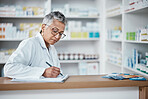Pharmacy, woman and checklist on clipboard, paperwork and inventory management in wellness store. Mature female pharmacist writing notes for stocks manager, medicine product or retail health services