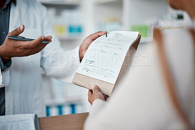 Buy stock photo Healthcare, pharmacist hands with medicine for woman at counter buying prescription drugs at drug store. Health, wellness and medical insurance, man and customer at pharmacy for advice and pills.