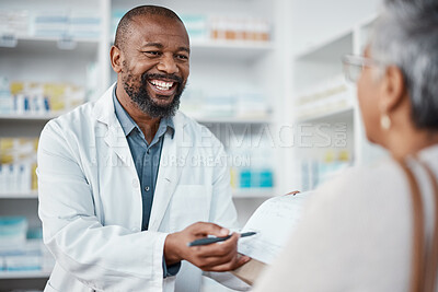 Buy stock photo Pharmacy, medicine and pharmacist in discussion with a patient explaining her prescription. Healthcare, medical and African male chemist speaking to a woman at a pharmaceutical clinic or drug store.