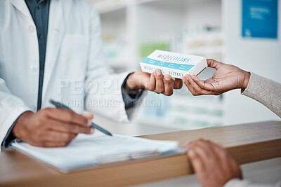 Buy stock photo Healthcare, pharmacist hands with pills for woman at counter and medicine or prescription drugs at pharmacy. Health, wellness and medical insurance, man and drug store customer for health care advice