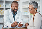 Pharmacy, black man and woman with healthcare medicine and conversation for instructions. Pharmacist, female patient and medical professional talking, stress and explain for customer and frustrated.