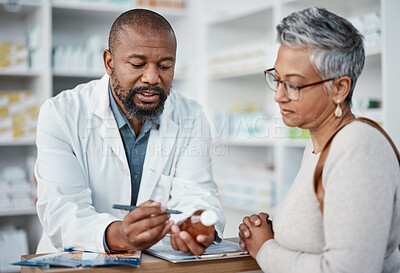 Buy stock photo Pharmacy, black man and woman with healthcare medicine and conversation for instructions. Pharmacist, female patient or medical professional talking, stress or explain prescription to senior customer