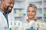 Pharmacy, medicine and senior woman consulting pharmacist on prescription. Healthcare, shopping and elderly female in consultation with medical worker for medication box, pills or product in store.