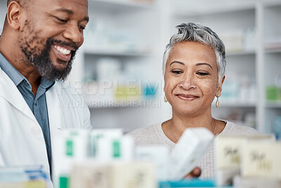 Buy stock photo Pharmacy, medicine and senior woman consulting pharmacist on prescription. Healthcare worker, shopping and female in consultation with black man for medication box, pills or medical product in store.