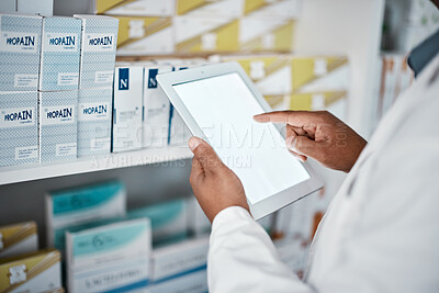 Buy stock photo Medicine, mockup or hands of pharmacist with a tablet on pharmacy database online for drugs stock or inventory. Pills, marketing space or doctor working on healthcare research on ui digital screen 