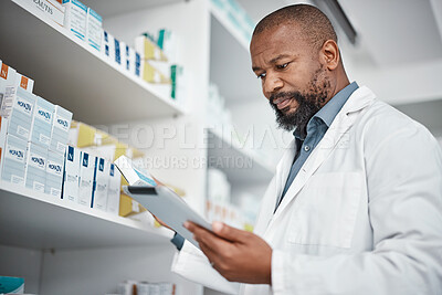 Buy stock photo Pharmacy, medicine and black man with tablet to check inventory, stock and medication for online prescription. Healthcare, medical worker and pharmacist with pills, health products and checklist