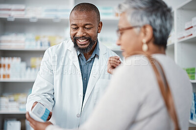 Buy stock photo Pharmacy, medicine and senior woman consulting pharmacist on prescription. Healthcare, shopping and elderly female in consultation with medical worker for medication box, pills or product in store.