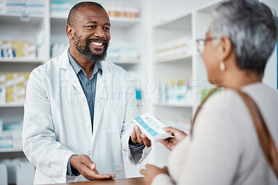 Buy stock photo Healthcare, pharmacist and woman at counter with medicine or prescription drugs in hands at drug store. Health, wellness and medical insurance, man and customer at pharmacy for advice and pills.