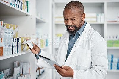 Buy stock photo Pharmacy, medicine and black man with tablet to check inventory, stock and medication for online prescription. Healthcare, medical worker and pharmacist with pills, health products and checklist