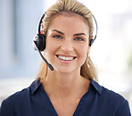 Call center, telemarketing and portrait of woman with headset for friendly service, customer care and consulting. Crm company, contact us and face of female consultant with smile for customer service